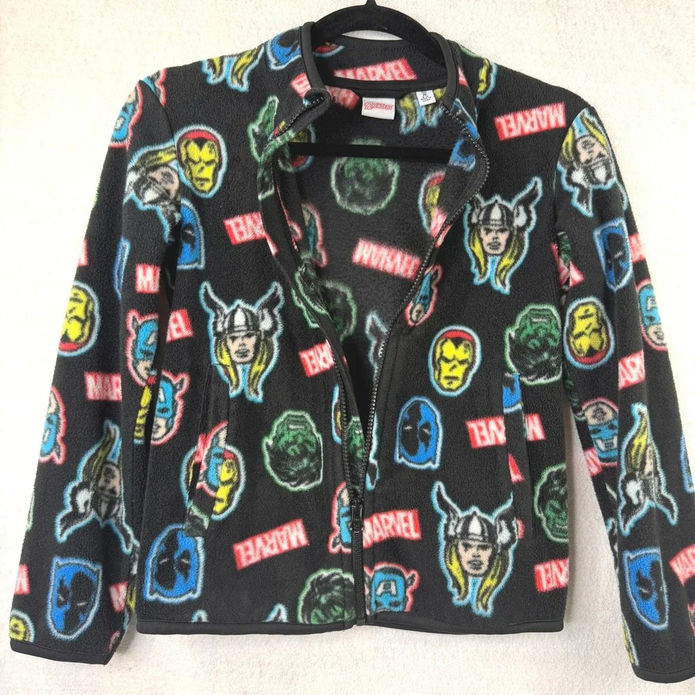 Marvel Avengers Fleece Jacket Boys‎ M Black All Over Print Zip Up Superhero Cozy